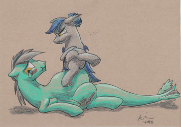 abdominal_bulge blush crossed_arms cutie_mark duo feathered_wings feathers feral fully_inside larger_pred lying membrane_(anatomy) membranous_wings on_back scrunchy_face sitting size_difference vore wings doesnotexist hasbro my_little_pony inky_brushstroke zuthal bat_pony equid mammal tatzlpony traditional_media_(artwork)