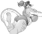 anthro big_breasts big_butt blue_eyes bodily_fluids breasts butt clothed clothing felid female hi_res huge_breasts mammal monochrome pantherine solo sweat thick_thighs tiger vondranart