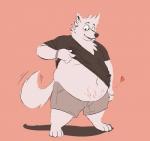 anthro belly blush bracelet clothed clothing clothing_lift eyewear fur glasses heart_symbol jewelry male navel open_mouth open_smile overweight overweight_anthro overweight_male pink_background shirt shirt_lift simple_background smile solo standing stretch_marks tail tail_motion tailwag topwear white_body white_fur fattydragonite canid canine canis domestic_dog mammal nordic_sled_dog samoyed spitz hi_res