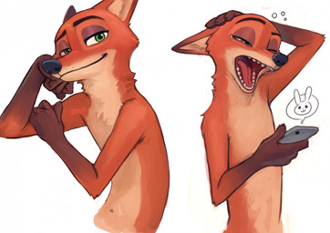 anthro cellphone electronics fingers fur half-closed_eyes hand_on_head holding_cellphone holding_object holding_phone holding_smartphone looking_at_viewer male narrowed_eyes navel open_mouth orange_body phone simple_background smartphone smile solo teeth tongue yawn nyeong disney zootopia nick_wilde canid canine fox mammal red_fox true_fox digital_media_(artwork) hi_res