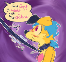 abstract_background anthro bdsm big_nose blue_hair blush blush_lines collar control_collar dialogue duo embarrassed fur hair hypnosis intersex intersex/male leash leash_pull leashed_collar leashed_male male male/male mind_control petplay pleading_eyes roleplay side_view snout speech_bubble spiral spiral_background submissive submissive_male text toony toony_expression toony_eyes tugging yellow_body yellow_fur pipsy_mouse emby_the_dog canid canine canis domestic_dog mammal english_text hi_res