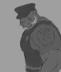 anthro belt biceps black_body black_fur bulletproof_vest clothing eye_scar facial_hair facial_scar forearm_muscles fur goatee hair looking_at_viewer male muscular muscular_anthro muscular_male police police_badge police_hat police_officer police_uniform scar sideburns solo uniform whiskers white_hair episode0006 mayther_(episode0006) felid mammal pantherine 2018 greyscale hi_res monochrome