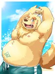 anthro belly belly_markings blush bottomwear clothing fur male markings navel one_eye_closed overweight overweight_male sea shirtless shorts solo swimwear water wink yellow_body yellow_fur itatuki_78 lifewonders tokyo_afterschool_summoners cu_sith_(tas) bird_dog canid canine canis domestic_dog golden_retriever hunting_dog mammal retriever 3:4 hi_res