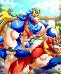 abs anthro anthrofied bulge clothing detailed_background duo front_view genitals imminent_sex male male/male muscular muscular_male nipples pecs penis pubes tail tail_pull thong tongue tongue_out underwear daikitei nintendo pokemon canid canine crowned_shield_zamazenta crowned_sword_zacian generation_8_pokemon legendary_pokemon mammal pokemon_(species) zacian zamazenta absurd_res hi_res brother_(lore) brothers_(lore) incest_(lore) sibling_(lore)