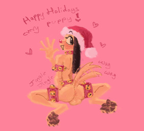 anthro backsack balls bell bell_collar blush christmas_clothing christmas_headwear clothed clothing collar fur genitals hat headgear headwear heart_symbol holiday_message holidays jingle_bell jingle_bell_armband jingle_bell_collar jingle_bell_legband male male_anthro pawpads pink_background red_nose santa_hat simple_background skimpy tail tail_motion tailwag yellow_body yellow_fur puppynsfw christmas puppy_(puppynsfw) canid canine canis domestic_dog mammal 2025 hi_res