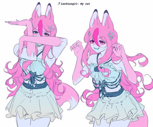 accessory alternative_fashion anthro bottomwear butterfly_(accessory) claw_pose clothed clothing crop_top cute_fangs dipstick_tail eyelashes fangs female frilly frilly_bottomwear frilly_clothing frilly_skirt frilly_topwear front_view fur gloves_(marking) gradient_eyes grin hair hair_accessory hairclip inner_ear_fluff long_hair long_nails looking_at_viewer markings multicolored_body multicolored_fur nails pink_body pink_fur pink_hair sharp_nails shirt simple_background skirt smile solo song_name tail tail_markings teeth text three-quarter_view topwear tuft two_tone_body two_tone_fur white_background white_body white_fur mhcmm909 brand_new_animal studio_trigger nazuna_hiwatashi canid canine fox mammal 2025 digital_drawing_(artwork) digital_media_(artwork) english_text hi_res portrait three-quarter_portrait
