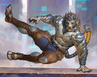 abs accessory anthro biceps biped bottomwear clothed clothing deltoids fur hair jumping leopard_spots male multicolored_body multicolored_fur muscular muscular_anthro muscular_male nipples pecs plantigrade realistic solo spots technology topless tripes taran_fiddler string_zero kavir_(string_zero) felid hybrid mammal pantherine snow_leopard tiger 2025 5:4 hi_res