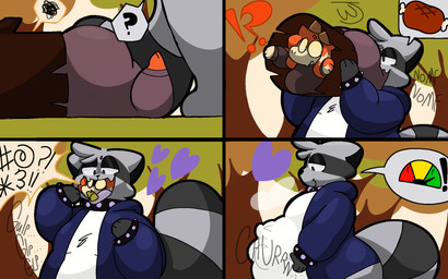 anthro belly big_butt big_tail blue_hooves bulge butt churn collar duo empty_to_full female female_prey forest_background fur grawlixes green_mouth hooves log male male/female male_pred nom onomatopoeia orange_body orange_fur patting_belly prey_in_mouth purple_hearts question_mark raccoon_tail shade_(c4rtriidge) sound_effects spiked_collar spikes stuck stuck_in_log swallowing tail text vore wobblyartz wood pollyanna_roundabout bovid caprine goat mammal procyonid raccoon 16:10 comic digital_media_(artwork) widescreen
