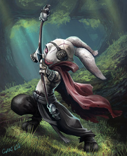 anthro bone bottomwear bow_(weapon) cape clothing eye_patch eyewear facial_scar forest fur grass holding_bow_(weapon) holding_object holding_ranged_weapon holding_weapon looking_at_viewer male pants plant ranged_weapon red_cape red_clothing red_eyes scar skull solo tree weapon white_body white_fur bleats hex:_shards_of_fate lagomorph leporid mammal rabbit 2013 digital_media_(artwork) hi_res official_art