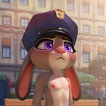 anthro areola bare_chest blue_clothing blue_hat blue_headwear blush breasts city clothing collarbone countershade_face countershade_head countershading curved_eyebrows day detailed_background detailed_eyes ears_down excited exhibitionism eyebrows eyelashes female female_anthro flat_chested floppy_ears front_view furrowed_brow grey_body hat hat_only headgear headgear_only headwear headwear_only light long_ears looking_forward lop_ears mostly_nude mostly_nude_anthro mostly_nude_female mouth_closed nipples nude nude_anthro nude_female officer outdoor_nudity outside pivoted_ears police police_badge police_cap police_hat police_officer police_uniform public public_nudity purple_eyes raised_inner_eyebrows solo standing stare staring_off street text three-quarter_view uniform urban wear white_body wide_eyed zpd kotyami disney zootopia judy_hopps lagomorph leporid mammal rabbit 1:1 2025 artist_name chromatic_aberration colored detailed digital_media_(artwork) english_text half-length_portrait lighting portrait shaded soft_shading three-quarter_portrait url