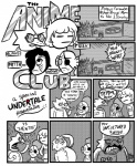 2015 alphys angry black_and_white_and_red black_hair blush bodily_fluids clothing coat comic dialogue english_text eversorthewry eye_patch eyes_closed eyewear female fish frisk_(undertale) frown glasses greyscale gunshowcomic hair hair_over_eye human humanoid lab_coat machine male mammal marine mettaton mettaton_ex monochrome one_eye_obstructed parody robot scalie speech_bubble sweat text topwear undertale undertale_(series) undyne
