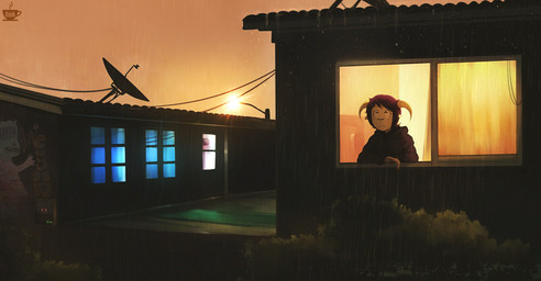 antenna_wire anthro female freckles horizontal_pupils horn looking_out_window looking_outside night orange_sky outside pupils raining relaxing sky solo window bzeh carla_guzman bovid caprine mammal sheep 2022 hi_res