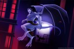 bottomwear building butt city claws clothing feet flying glowing glowing_eyes hair humanoid_pointy_ears light loincloth long_hair male membrane_(anatomy) membranous_wings moon moonlight pecs silhouette solo tail talons text toes wings farwin disney gargoyles goliath_(gargoyles) gargoyle url