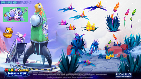 ambiguous_anthro ambiguous_gender anthro blue_sky buckteeth cloud fern flower fur grass holding_object holding_wand light long_ears marshalling_wand mitten_hands motion_lines multicolored_body no_eyebrows noseless nude_ambiguous nude_anthro on_one_leg open_mouth open_smile orange_flower outside plant rock rubber_duck sky smile smoke snow solo spacecraft stairs standing teeth text tower two_tone_body vehicle white_body white_fur alice_pisoni mario_plus_rabbids_sparks_of_hope nintendo raving_rabbids rayman_(series) ubisoft lagomorph mammal rabbid 16:9 4k absurd_res adobe_photoshop_(artwork) artist_name colored digital_drawing_(artwork) digital_media_(artwork) english_description english_text hi_res lighting official_art shaded widescreen