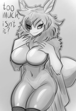 big_breasts breasts clothed clothing female fur hair legwear looking_down simple_background smile solo tail text tights white_background alex_artist arthropod butterfly insect lepidopteran mammal moth digital_media_(artwork) hi_res monochrome