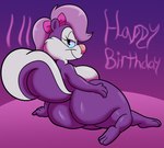 accessory anthro big_butt bow_ribbon breasts butt female fluffy fluffy_tail fur hair_accessory hair_bow hair_ribbon huge_butt looking_back purple_body purple_fur ribbons smelly solo stink_fumes stink_lines tail text someth1ngoranother tiny_toon_adventures warner_brothers fifi_la_fume mammal mephitid skunk 2024 absurd_res hi_res