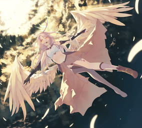 armwear asymmetrical_clothing bangs bare_shoulders boots bridal_gauntlets butt_wings clothing cloud cross cross_pupils elbow_gloves feathered_wings feathers female flying footwear gloves hair hair_between_eyes handwear knee_highs knee_socks legwear light light_beam long_hair low-angle_view midriff navel orange_eyes outside outstretched_arms pubic_mound pupils purple_hair shoes sky sleeveless_clothing socks solo spread_arms spread_wings sunbeam sunlight symbol-shaped_pupils tattoo thigh_highs unusual_pupils unusual_wing_placement white_wings wings la-na no_game_no_life jibril flugel_(no_game_no_life) humanoid hi_res