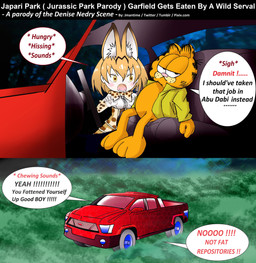 ambiguous_gender anthro biped blush bottomless clothed clothing duo female fur good_boy half-closed_eyes inner_ear_fluff jacket jacket_only light_truck looking_aside narrowed_eyes open_mouth orange_body orange_fur parody pickup_truck sitting speech_bubble text topwear topwear_only truck tuft vehicle jmantime garfield_(series) jurassic_park kemono_friends universal_studios garfield_the_cat serval-chan animal_humanoid domestic_cat felid felid_humanoid feline feline_humanoid felis humanoid mammal mammal_humanoid serval_humanoid 2020 absurd_res digital_drawing_(artwork) digital_media_(artwork) english_text hi_res url male_(lore)