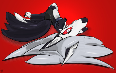 abstract_background anthro black_body black_bottomwear black_clothing black_fur black_shorts bottomwear clothing crop_top female fingerless_gloves fluffy fluffy_tail fur gloves hair handwear leg_grab looking_at_viewer lying on_side red_eyes shirt shorts solo tail topwear white_body white_fur white_hair amespinkinson hellaverse helluva_boss loona_(helluva_boss) canid canine demon mammal absurd_res hi_res