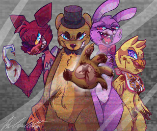 anthro blood blue_eyes bodily_fluids bow_(feature) bow_tie clothing exposed_endoskeleton eye_patch eyewear fangs female group hat headgear headwear hook hook_hand machine male pirate static teeth thick_thighs top_hat wide_hips ahmonaeatchu123 five_nights_at_freddy's scottgames bonnie_(fnaf) chica_(fnaf) foxy_(fnaf) freddy_(fnaf) animatronic avian bear bird canid canine chicken fox galliform lagomorph leporid mammal phasianid rabbit robot