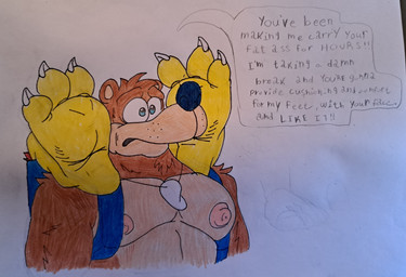 3_toes angry anthro backpack backpack_only barefoot brown_body brown_fur casual_exposure casual_nudity claws command demanding dialogue duo feet female foot_fetish foot_focus forced fur grimace male male/female muscular muscular_male nervous nervous_look nipples pecs questionable_consent sharktooth_necklace soles sore talon_fetish talons text text_box toe_claws toes yellow_feet yellow_legs yellow_talons zanygilflovr banjo-kazooie rareware banjo_(banjo-kazooie) kazooie avian bear breegull mammal english_text hi_res