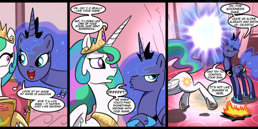 blue_body blue_feathers crown cutie_mark dialogue duo feathered_wings feathers female feral hair headgear horn mane multicolored_hair quadruped singing sun tail text white_body white_feathers wings madmax friendship_is_magic hasbro my_little_pony mythology princess_celestia_(mlp) princess_luna_(mlp) equid equine mammal mythological_creature mythological_equine winged_unicorn comic english_text sibling_(lore) sister_(lore) sisters_(lore)