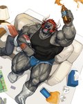 2_horns anthro armpit_hair beer_bottle biceps biped body_hair bottle bulge container duo hair horn male male/male male_anthro muscular muscular_thighs red_hair size_difference tail vein veiny_muscles traver009 bovid bovine canid cattle mammal absurd_res digital_media_(artwork) hi_res