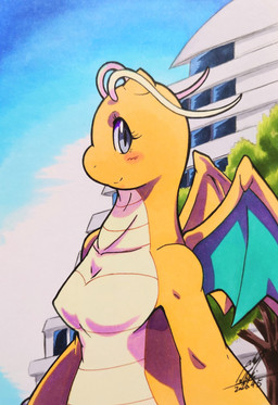 antennae_(anatomy) anthro blush blush_lines breasts eyelashes female grey_eyes looking_at_viewer membrane_(anatomy) membranous_wings nipple_outline nipples non-mammal_breasts non-mammal_nipples orange_body plant scales smile smiling_at_viewer solo tree ventral_scales wings 025aki mythology nintendo pokemon dragon dragonite generation_1_pokemon mythological_creature mythological_scalie pokemon_(species) scalie 2026 absurd_res dated hi_res signature