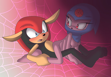 6_arms blue_eyes blush breasts duo eyelashes female leg_grab male male/female mask multi_arm multi_limb open_mouth sitting sitting_on_another spider_web angelofhapiness archie_comics sega sonic_the_hedgehog_(archie) sonic_the_hedgehog_(comics) sonic_the_hedgehog_(series) bride_of_the_endless_reach mighty_the_armadillo arachnid armadillo arthropod mammal spider xenarthran