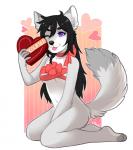 anthro biped black_hair black_nose bottomless candy chocolate clothed clothing dessert female food fur hair heart_symbol holding_object kneeling long_hair on_ground one_eye_closed purple_eyes raised_tail simple_background solo tail text tongue tongue_out white_body white_fur wink crwn aggie arctic_fox canid canine fox mammal true_fox 2015 digital_media_(artwork) english_text