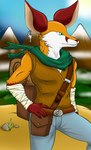 anthro bag belt ear_piercing emblem male mercenary mountain piercing scarf sleeping_bag solo budakurosawa luc_lookheart canid canine fennec_fox fox hybrid mammal true_fox hi_res