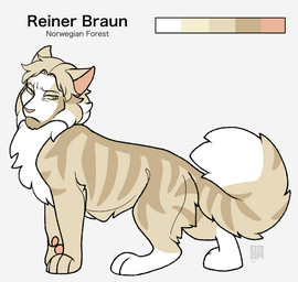 big_tail dipstick_tail feral fluffy fluffy_tail fur leg_markings light_body light_fur mane markings pawpads pink_pawpads quadruped socks_(marking) solo stripes tail tail_markings tan_body tan_eyes tan_fur white_chest white_paws white_tail_tip yellow_body yellow_fur yellow_sclera silveyytm attack_on_titan reiner_braun domestic_cat felid feline felis mammal norwegian_forest_cat 2019