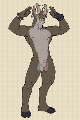 brown_body brown_fur clothing cuff_(restraint) ear_piercing flaccid fur genitals gloves handwear male nails nude penis piercing restraints solo_focus wrist_cuffs jrjresq billy_(deadlock) bovid caprine goat mammal absurd_res hi_res