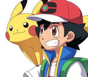 :3 backpack black_eyebrows black_eyes black_hair black_nose black_tail blue_clothing blue_topwear blue_vest blush blush_stickers brown_eyes clothing dipstick_tail duo eyebrows feral fur glistening glistening_eyes grin hair hat headgear headwear long_tail male markings pupils red_cheeks red_clothing red_hat red_headwear shirt short_hair simple_background smile tail tail_markings tan_body tan_skin teeth teeth_showing topwear vest white_background white_clothing white_shirt white_topwear yellow_body yellow_fur yellow_tail hanya000 nintendo pokemon ash's_pikachu ash_ketchum generation_1_pokemon human mammal pikachu pokemon_(species) hi_res