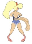 anthro blonde_hair breasts butt clothed clothing ear_piercing eyeshadow female hair looking_away makeup non-mammal_breasts overalls overalls_only piercing smile solo standing topless undressing robcivecat don_bluth rock-a-doodle goldie_pheasant avian bird chrysolophus galliform golden_pheasant phasianid 2024