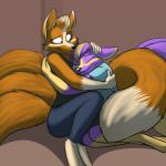 anthro black_nose breasts clothed clothing dipstick_tail duo eyes_closed female fur hair hug markings multi_tail multicolored_tail orange_body orange_fur purple_body purple_fur tail tail_markings tan_tail_tip foxenawolf gluneria_fullin kaari canid canine dreamspinner fox mammal 1:1 story story_in_description