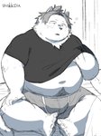 anthro belly bulge clothed clothing kemono male navel open_clothing open_shirt open_topwear overweight overweight_anthro overweight_male pubes shirt sitting solo topwear underwear uokkom felid feline mammal 2020 3:4 hi_res