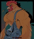 anthro areola barazoku beak biceps blue_body blue_feathers brown_beak brown_body brown_feathers chest_tuft clothed clothing eyebrows feathers horn male musclegut muscular muscular_anthro muscular_male nipples non-mammal_nipples overalls pecs solo tail tail_feathers tuft timdoodles avian bird chicken galliform gallus_(genus) phasianid were wereavian werebird werechicken 2023 digital_media_(artwork) hi_res