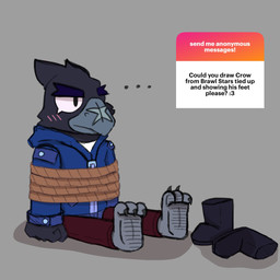 anthro barefoot beak blush boots bound clothed clothing feathers feet footwear jacket male nails rope shoes solo text toes topwear mrpawpaw brawl_stars ngl supercell_(company) crow_(brawl_stars) avian bird corvid corvus_(genus) crow oscine passerine 1:1 digital_media_(artwork) english_text hi_res sketch