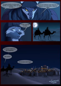 anthro breasts building clothed clothed_anthro clothed_female clothed_male clothing desert dialogue female feral fur group hair hood male moon multicolored_body multicolored_fur muscular muscular_anthro muscular_male night red_body red_fur sand speech_bubble tan_body tan_fur text topwear two_tone_body two_tone_fur white_body white_fur xxsparcoxx acarius_medjay nineveh_(xxsparcoxx) teofacio_larna camel camelid canid canine canis fox jackal mammal red_fox true_fox 2022 comic digital_media_(artwork) hi_res spanish_text