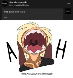 anthro blonde_hair dialogue female gaping_mouth hair long_ears markings mouth_shot open_mouth sharp_teeth solo teeth text tongue tumblr_ask uvula yelling bmbrice tumblr nazuret_kheilafi zeikauko hi_res url