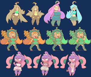 anthro big_breasts biped blue_eyes blue_hair breasts chibi clothed clothing empty_eyes eyelashes eyewear female glasses group hair hair_over_eye holding_melee_weapon holding_object holding_weapon melee_weapon one_eye_obstructed open_mouth open_smile pink_hair pokemorph pupils sharp_teeth smile standing teeth thick_thighs tongue weapon white_pupils white_sclera wide_hips yellow_eyes latiar nintendo pokemon harriett_(latiar) haru_(latiar) puluma generation_6_pokemon generation_9_pokemon gourgeist legendary_pokemon ogerpon pecharunt pokemon_(species) hi_res