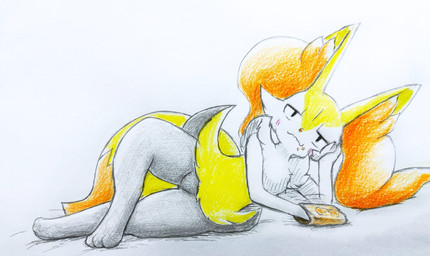 ambiguous_anthro ambiguous_gender anthro biped blush crossed_legs crumbs_on_face digitigrade dipstick_tail eating eating_food featureless_crotch half-closed_eyes head_on_hand lazy lying markings mouth_closed narrowed_eyes nude_ambiguous nude_anthro on_side simple_background solo tail tail_markings wavy_mouth eiroru nintendo pokemon braixen canid generation_6_pokemon mammal pokemon_(species) 2024 colored_pencil_(artwork) full-length_portrait graphite_(artwork) hi_res portrait traditional_media_(artwork)