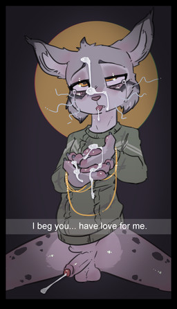 anthro balls black_border bodily_fluids border claws clothed clothing cum ejaculation foreskin genital_fluids genitals half-closed_eyes humanoid_genitalia humanoid_penis male narrowed_eyes partially_clothed pawpads penis solo crowskull disney pawbert_lynxley felid feline lynx mammal absurd_res hi_res