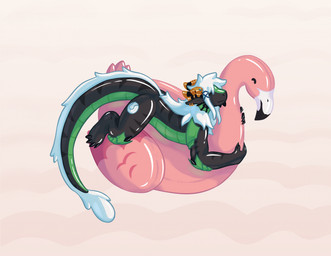 anthro claws hair horn inflatable lying male on_front pool_float pool_toy smile solo tail k0tarii mythology azael_dragonfang animate_inanimate dragon living_inflatable mythological_creature mythological_scalie scalie hi_res