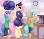 anthro anus anus_outline belt bodily_fluids bulge butt clock clothed clothing container crossgender cup dock_(anatomy) eyelashes eyewear female glasses group horn inside police police_hat police_uniform semi-anthro sweat tail uniform wings augustbebel friendship_is_magic hasbro my_little_pony mythology fan_character fluttershy_(mlp) equid equine mammal mythological_creature mythological_equine pegasus unicorn 2019 digital_media_(artwork) hi_res