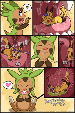2_toes acorn anthro audible_swallowing belly birthday blonde_hair bodily_fluids body_in_mouth brown_body brown_fur buckteeth cheek_spots cutaway d: digestion_implied dizzy drooling duo eating emanata esophagus exclamation_point extreme_size_difference eyes_closed eyewear feet food fruit frustration_cloud fully_inside fur glistening glistening_eyes goggles gulp_(sound_effect) hair hand_on_belly hand_on_own_belly happy head_first heart_reaction heart_symbol holding_micro in_mouth in_throat inside_stomach internal looking_at_another looking_down male male/male micro_prey neck_bulge nut_(fruit) on_tongue onomatopoeia open_mouth open_smile oral_vore paws plant quills_(anatomy) reverse_mouth_shot saliva scared scared_eyes scribbles semi-anthro shocked sitting size_difference slightly_chubby smile soles sound_effects spiral spiral_eyes squiggle_mouth standing staring_into_throat stomach_acid surprised swallowed_alive swallowed_whole symbol tail teeth text toes tongue toony unwilling_prey uvula vore wavy_mouth wavy_smile wide_eyed yellow_body yellow_fur youkai-chan nintendo pokemon sparky_the_chu_(character) chespin generation_1_pokemon generation_6_pokemon mammal pikachu pokemon_(species) rodent 2013 comic digital_drawing_(artwork) digital_media_(artwork) english_text hi_res watermark