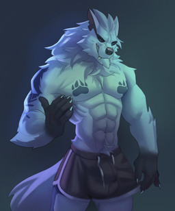 5_fingers abs anthro big_bulge blue_eyes bulge chest_markings clothed clothing fingers footprint fur grey_background hair male markings muscular muscular_anthro muscular_male pawprint pawprint_(marking) pecs simple_background solo standing tattoo topless white_body white_fur white_hair harufeng styx_(jelomaus) canid canine canis mammal wolf 2019 absurd_res hi_res
