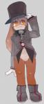 ambiguous_gender anthro boots bottomless clothed clothing collar featureless_crotch footwear front_view hat headgear headwear looking_at_viewer shoes smile solo standing top_hat topwear vest liteu lagomorph leporid mammal rabbit hi_res