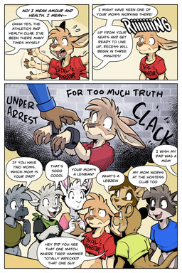 5_fingers anthro blush bodily_fluids bottomless clothed clothing cuff_(restraint) dialogue fingers fur handcuffs male metal_cuffs motion_lines multicolored_body multicolored_fur onomatopoeia open_mouth restraints shirt solo sound_effects speech_bubble t-shirt tail tan_body tan_fur tears teeth text tongue topwear two_tone_body two_tone_fur young young_anthro young_male conditional_dnp jonas rick_griffin ah_club ali_gray kangaroo lagomorph leporid macropod mammal marsupial procyonid rabbit raccoon 2:3 comic english_text hi_res